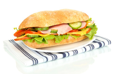 Fresh and tasty sandwich with ham and vegetables isolated