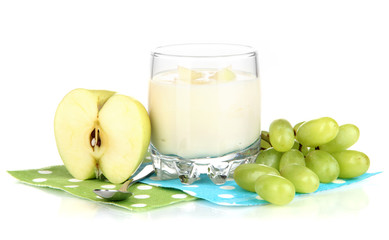 Delicious yogurt in glass with fruit isolated on white