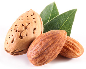 Almond nuts with leaves.