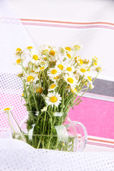 Many chamomile in glass teapot on light cloth background
