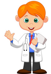 Cute little male doctor waving hand