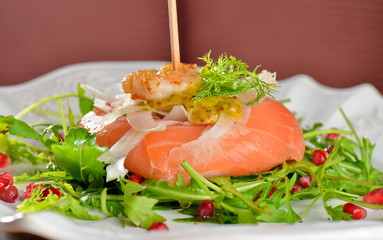 Appetizer, smoked salmon with shrimps and dijon sauce