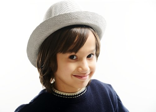 Portrait of happy joyful stylish little boy with hat
