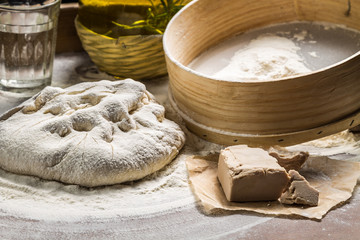 Pizza dough made from yeast and flour