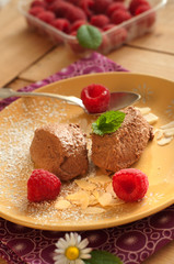 Mousse au chocolat auf gelbem Teller