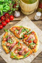 Baked pizza with fresh vegetables