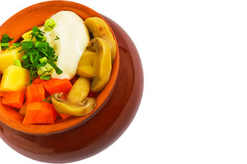 potatoes pot mushrooms food carrot isolated on white ba