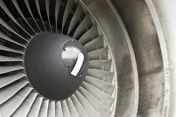 Close-up of a turbofan jet engine in modern airplane