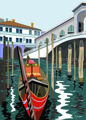 Papier Peint photo Café de rue dessiné Image vectorielle du pont du Rialto à Venise
