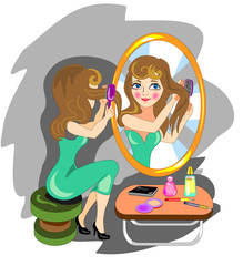 Woman combing hair front of a mirror
