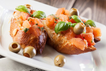 Bruschetta with olive. Selective focus