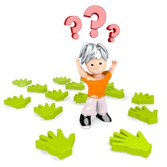 Illustration of a happy hand icon confuse a cute tiny man
