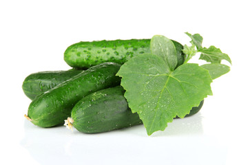 Tasty green cucumbers, isolated on white