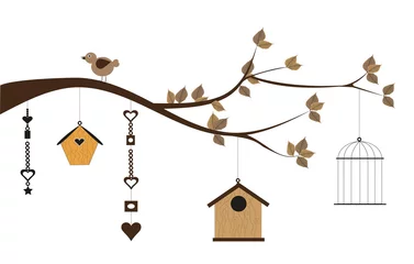 Crédence de cuisine en verre imprimé Oiseaux en cages carte postale romantique avec des maisons d& 39 oiseaux et des décorations