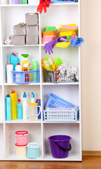 Shelves in pantry with  cleaners for home close-up