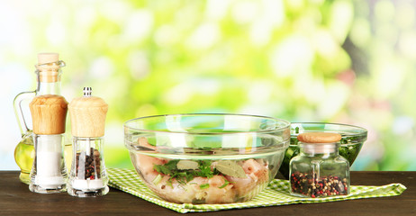 Chicken meat in glass bowl,herbs and spices