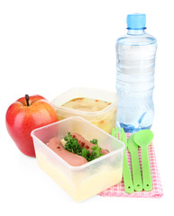 Tasty lunch in plastic containers, isolated on white