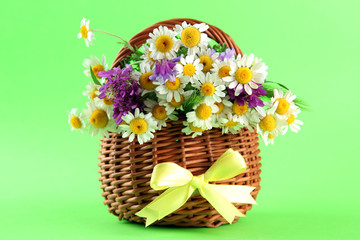 Naklejka premium Beautiful wild flowers in basket, on green background