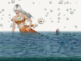 Mermaid with bubbles in water
