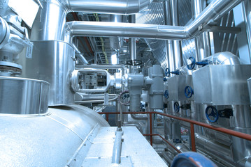 Industrial zone, Steel pipelines and cables in blue tones