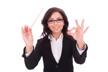 business woman conducts smilingly