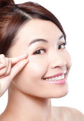 Fototapeta premium woman smile face and finger point to eyes