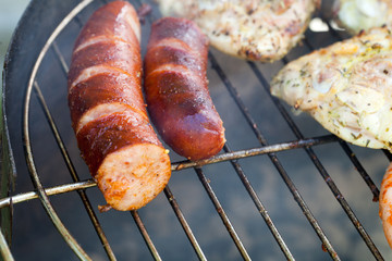 barbecue with delicious grilled meat on grill