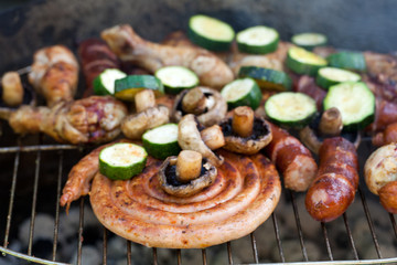 barbecue with delicious grilled meat on grill