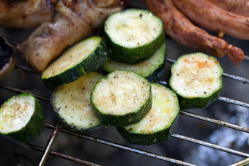 barbecue with delicious grilled meat on grill