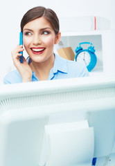 Fototapeta premium Portrait of smiling business woman call center operator at work
