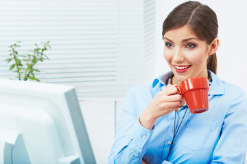 Business woman time out concept, red coffee cup. Break the work