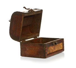 open wooden chest isolated on white background