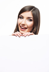 Portrait of smiling business woman hold blank board isolated on