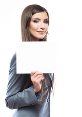 Naklejka premium Smile Business woman portrait with blank white board on white is