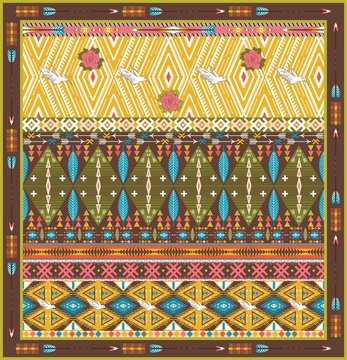 Seamless colorful aztec rug with birds, and arrow