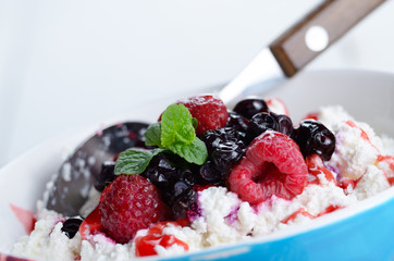 Cottage cheese in blue bowl