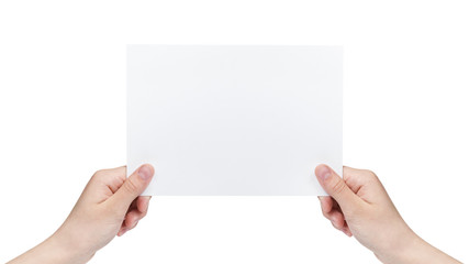 two female teen hands holding blank paper sheet