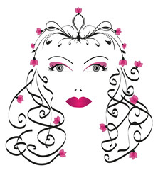 volto femminile con motivi floreali rosa su sfondo bianco