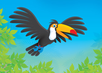 Toucan flying over trees in a tropical forest © Alexey Bannykh