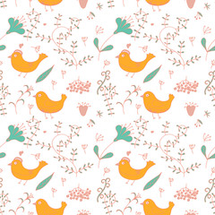 Seamless texture with flowers and birds