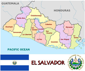 Fototapeta premium El Salvador America emblem map symbol administrative divisions