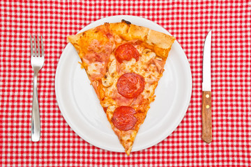 Pepperoni pizza slice on white plate