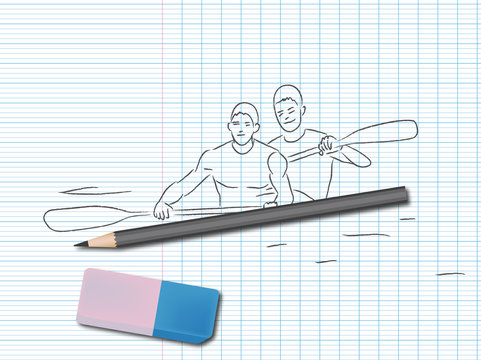 Dessin de sport sur cahier d'école : Kayak