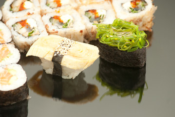 Japanese seafood sushi , roll set closeup