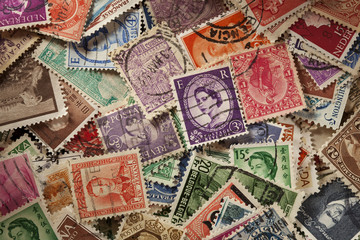 Fototapeta na wymiar Colorful Vintage Used Postage Stamps