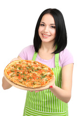 Girl housewife with delicious pizza isolated on white