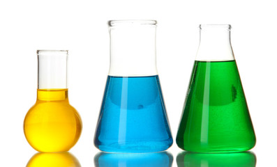 Test tubes with colorful liquids isolated on white