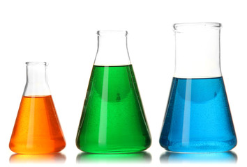 Test tubes with colorful liquids isolated on white