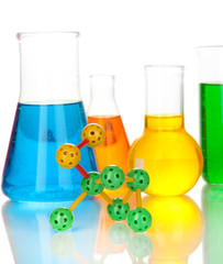 Molecule model and test tubes with colorful liquids isolated