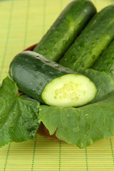 Tasty green cucumbers in wooden bowl, on bamboo mat background